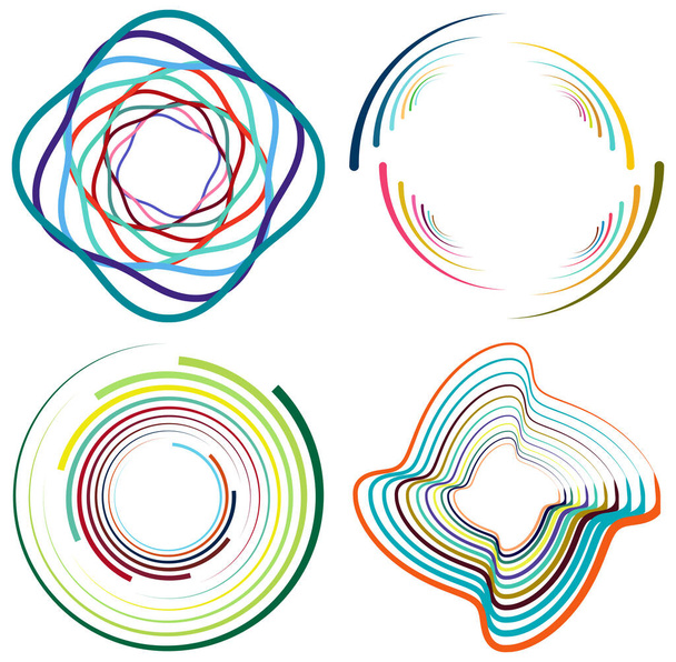 Set von gesprenkelten, mehrfarbigen und bunten Spiral-, Wirbel-, Wirbelformen. Wirbel, Quirlform mit Rotation, Drehung, Verdrehungseffekt - Vektor, Bild