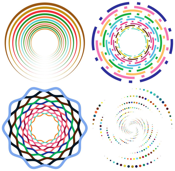 Zestaw nakrapianych, wielobarwnych i kolorowych spirali, wirujących, wirujących kształtów. Vortex, kształt wirnika z obrotem, obrót, efekt zwijania zniekształceń - Wektor, obraz