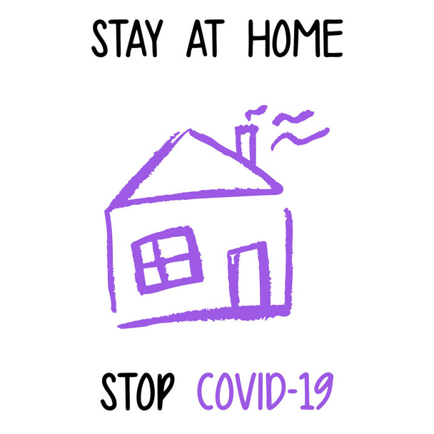 家にいて。コロナウイルスのパンデミック自己分離、医療、保護。白い背景に独立したカラーベクトルイラスト。COVID-19を防ぐ。蝋人形で子供の絵 - ベクター画像