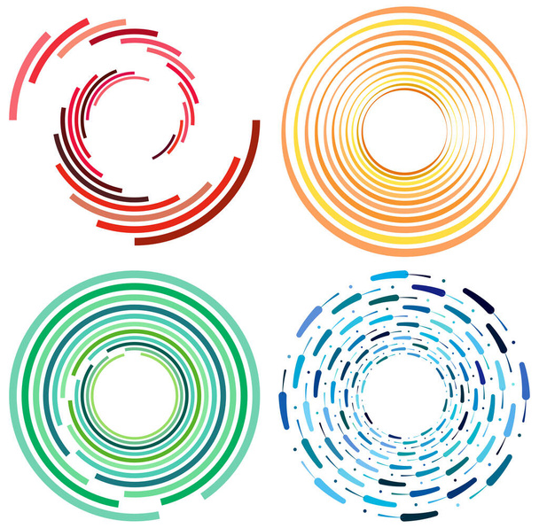 sada barevných, vícebarevných a jednobarevných cyklických, cyklicky soustředných kroužků. točily se spirály, víry, víry, spirály a víry. abstraktní kruhové, radiální obloukové tvary, prvky - Vektor, obrázek