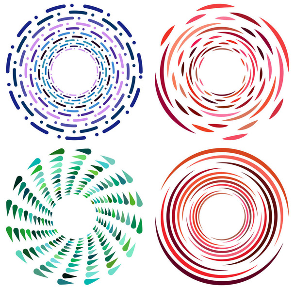 komplet kolorowych, wielobarwnych i monochromatycznych pierścieni cykliczno-rowerowych koncentrycznych. obrotowe spirale, wiry, wiry, spirale i wiry. abstrakcyjne okrągłe, promieniowe kształty pętli, elementy - Wektor, obraz
