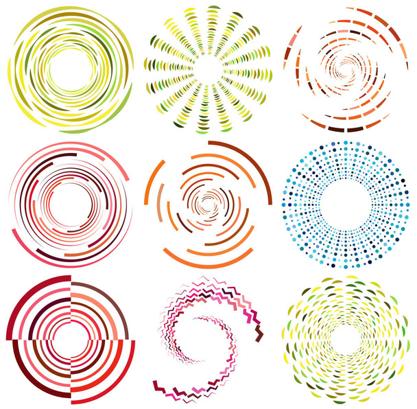 joukko värikkäitä, monivärinen ja yksivärinen syklinen, sykli samankeskiset renkaat. pyörivät spiraalit, pyörteet, pyörteet, spiraalit ja pyörteet. abstrakteja pyöreitä, säteittäisiä silmukan muotoja, elementtejä
 - Vektori, kuva