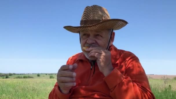 Caucasian senior farmer eating patty with pleasure while sitting against summer field under tree shadow - Footage, Video