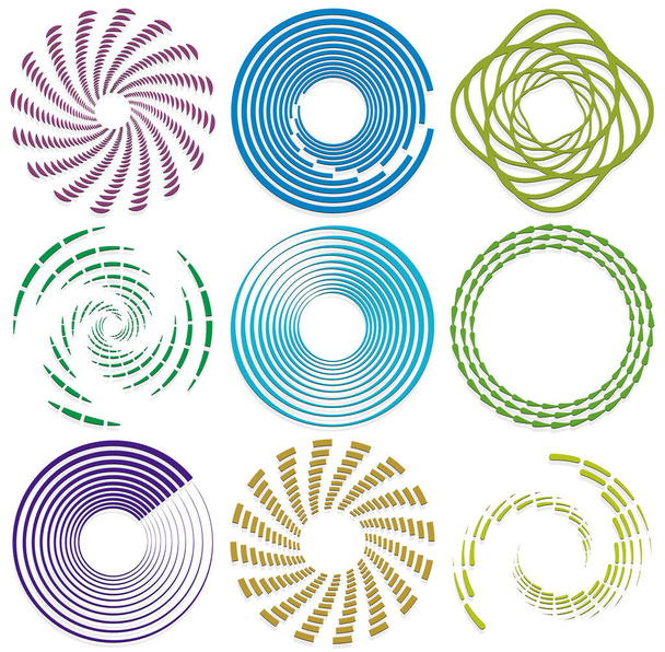 Set aus einfarbigem, monochromen Wirbel, Wirbel. Form mit Rotation, Spin, Spiralverzerrung. Gestaltungselement aus Spirale, Spirale und Zwirn - Vektor, Bild