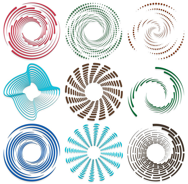 Set van enkelkleurige, monochrome draaikolk, draaikolk. Vorm met rotatie, spin, spiraalvervorming. Helix, voluut en twijnvormgevingselement - Vector, afbeelding
