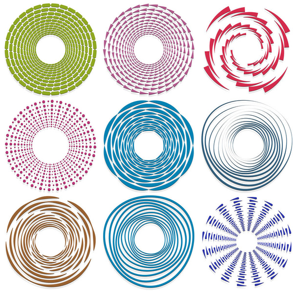 Conjunto de un solo color, giro monocromo, remolino. Forma con rotación, giro, distorsión en espiral. Elemento de diseño de hélice, voluta y cordel
 - Vector, Imagen