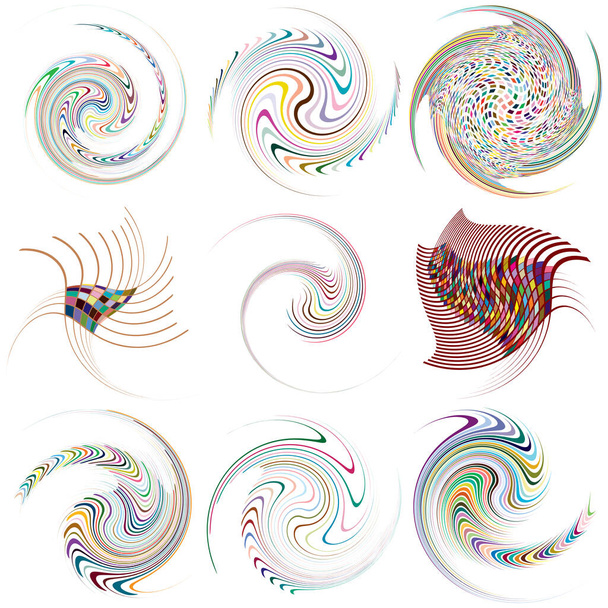 Set of mottled, multi color and colorful spiral, swirl, twirl shapes. Vortex, whorl shape with rotation, spin, coiling distortion effect - Вектор,изображение