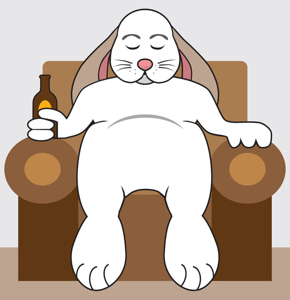 Ένας λαγός καρτούν που κρατάει μια μπύρα κοιμάται στην καρέκλα του. - Διάνυσμα, εικόνα