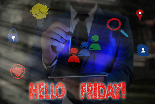 Writing note showing Hello Friday. Business photo showcasing used to express happiness from beginning of fresh week. - Photo, Image