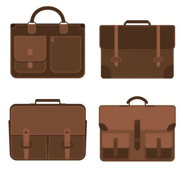 Set mit vier Business-Taschen. Einfarbig braune Lederaktentasche Kollektion isoliert auf Weiß. - Vektor, Bild