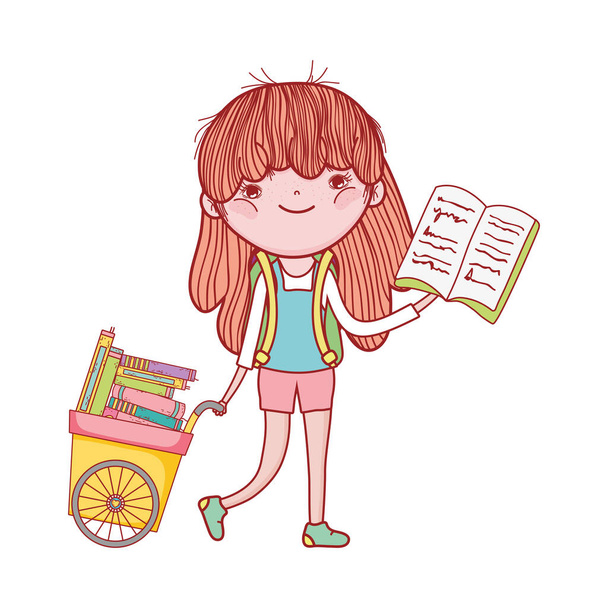 lindo carrito de mano chica con libros dibujos animados diseño aislado
 - Vector, imagen