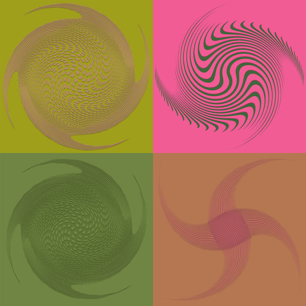 Satz von duotonen lockigen, spiralförmigen, kreisenden Spiralformen. Wirbel, die sich in konzentrischer, radialer, strahlender und kreisförmiger Weise drehen - Vektor, Bild