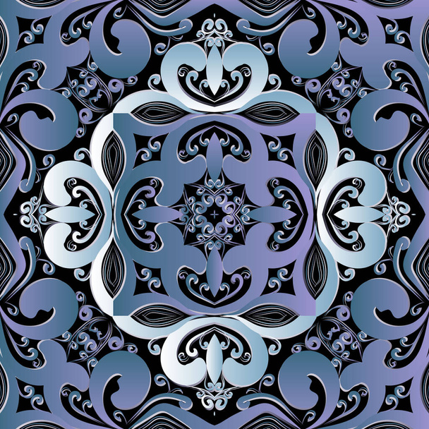 Baroque floral 3d seamless pattern. Ornamental colorful background. Repeat Damask backdrop. Decorative Baroque style ornaments. Vintage beautiful blue flowers, leaves. Ornate symmetrical design - Vettoriali, immagini