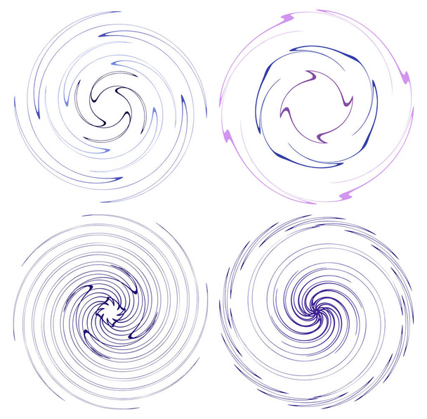 komplet kolorowych, wielobarwnych i monochromatycznych pierścieni cykliczno-rowerowych koncentrycznych. obrotowe spirale, wiry, wiry, spirale i wiry. abstrakcyjne okrągłe, promieniowe kształty pętli, elementy - Wektor, obraz