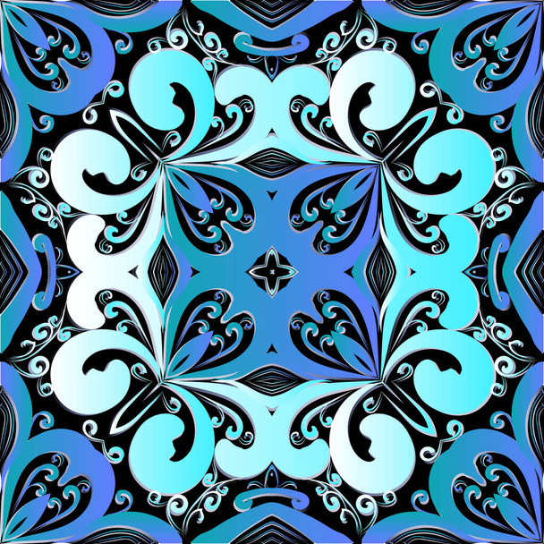 Colorful Baroque floral 3d seamless pattern. Ornamental background. Repeat Damask backdrop. Decorative beautiful Baroque style ornaments. Vintage blue flowers, leaves. Ornate symmetrical design - Vektor, kép