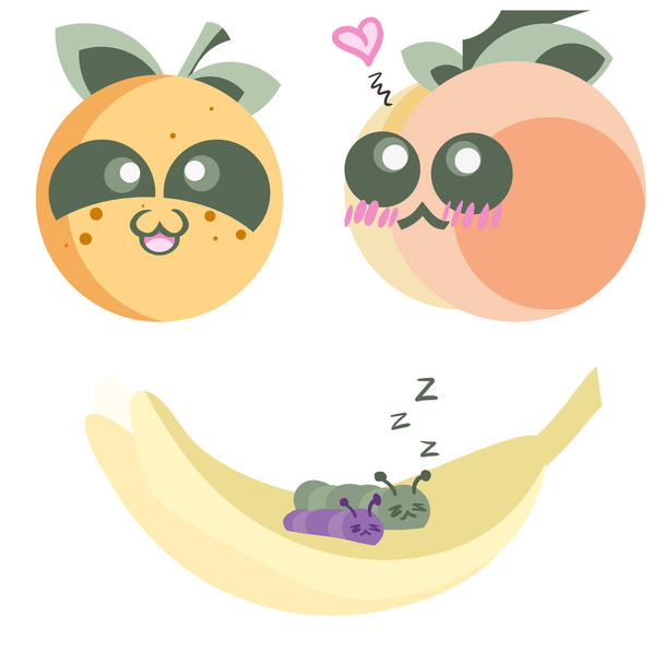 Söpöt hedelmät, appelsiini, persikka ja banaani
 - Valokuva, kuva