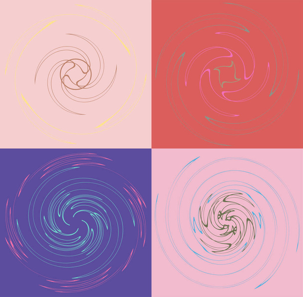 Set di chiazze, multi colore e spirale colorata, vortice, forme a rotazione. Vortice, forma a spirale con rotazione, rotazione, effetto distorsione avvolgimento su sfondo colorato, sfondo
 - Vettoriali, immagini