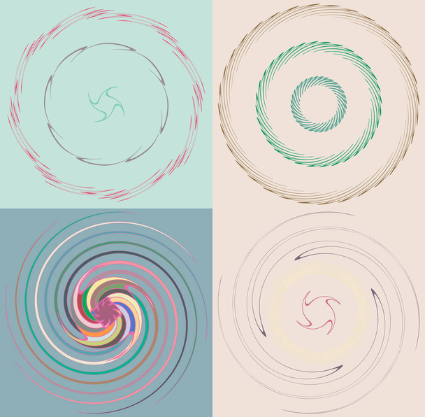 Set von gesprenkelten, mehrfarbigen und bunten Spiral-, Wirbel-, Wirbelformen. Wirbel, Quirlform mit Rotation, Drehung, Wickelverzerrungseffekt über farbigem Hintergrund, Hintergrund - Vektor, Bild