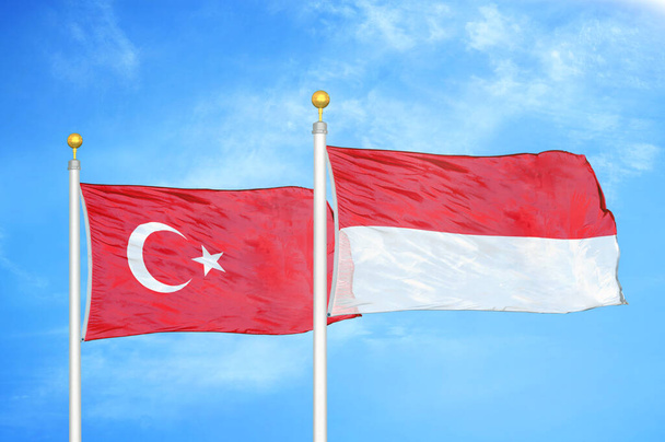 Turkey and Indonesia two flags on flagpoles and blue cloudy sky background - Photo, Image