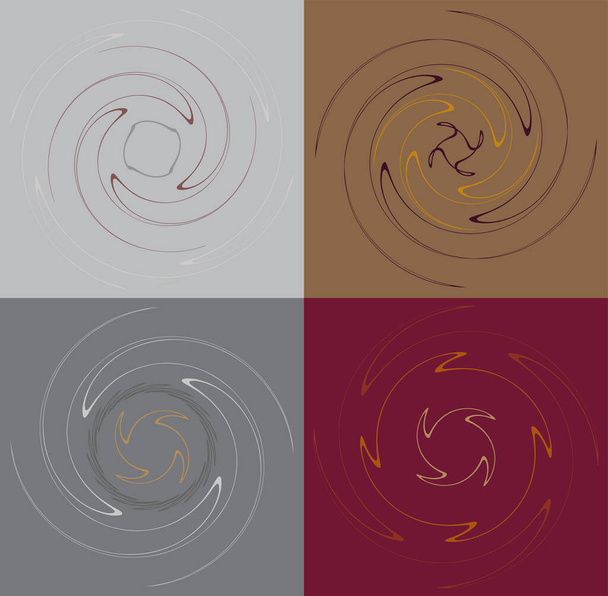 set van kleurrijke, multicolor en monochrome cyclische, cyclus concentrische ringen. draaiende spiralen, draaikolken, wervelingen. abstracte cirkelvormige, radiale lus vormen, elementen over gekleurde achtergrond, achtergrond - Vector, afbeelding