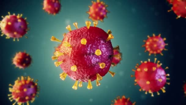 現実的な赤いウイルス細胞は暗い背景に向かって回転します。インフルエンザの発生と赤色の顕微鏡ウイルスのインフルエンザが終了します。流行医学の概念だ。シームレスループ3Dレンダリング - 映像、動画