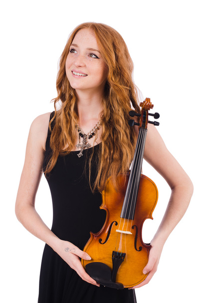 白で隔離されるバイオリンを持つ女性 - 写真・画像