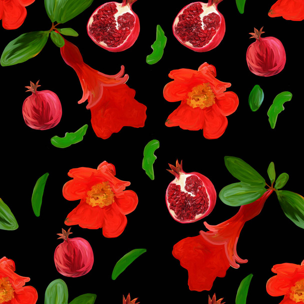 Handgezogene Granatapfelfrucht auf einem Zweig mit Blättern und Blüten. Nahtloses Muster auf schwarzem Hintergrund. Design für die Verpackung von Kräutertee, Naturkosmetik, Öl, Beerenmarmelade, Textilien, Papier, Kleidung. - Foto, Bild