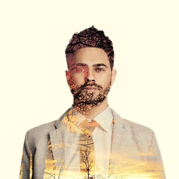 Double exposure of handsome businessman and landscape with trees. Concept of inner power - Фото, изображение