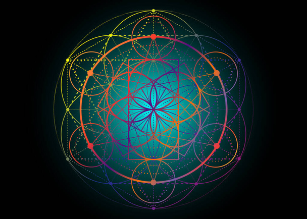 Ziarno symbolu życia Święta Geometria. Geometryczna mistyczna mandala alchemicznego kwiatu życia. Vector boho kolorowy boski medytacyjny amulet izolowany na czarnym tle - Wektor, obraz