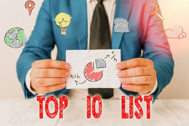 Wortschreibtext Top 10 Liste. Geschäftskonzept für die zehn wichtigsten oder erfolgreichsten Punkte einer bestimmten Liste. - Foto, Bild