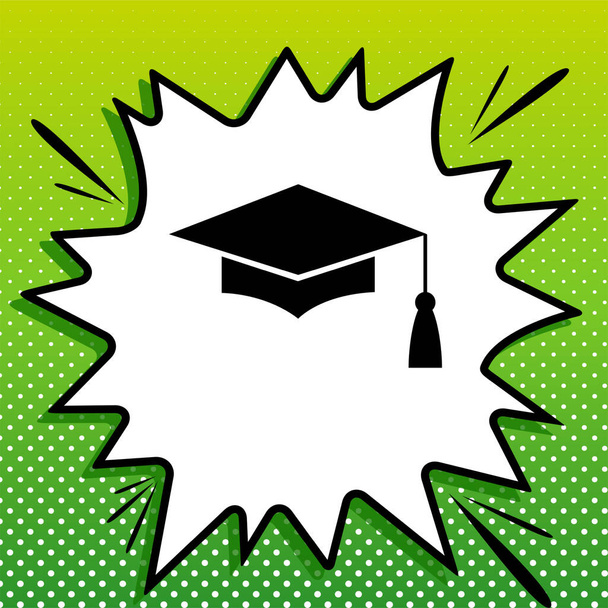 Hmoždíř nebo maturitní čepice, symbol vzdělání. Černá ikona na bílém popart Splash na zeleném pozadí s bílými tečkami. - Vektor, obrázek