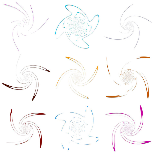 Set of single-colored,monochrome twirl, swirl. Shape with rotation, spin, spiral distortion. Helix, volute and twine design element - Vector, Image