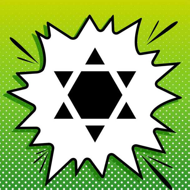 Shield Magen David Star Inverse. Symbol Izraele obrácený. Černá ikona na bílém popart Splash na zeleném pozadí s bílými tečkami. - Vektor, obrázek