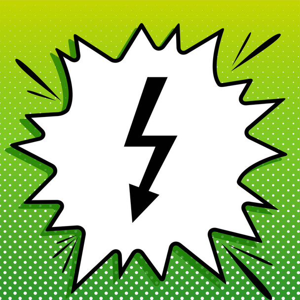 High voltage danger sign. Black Icon on white popart Splash at green background with white spots. - Vector, Image