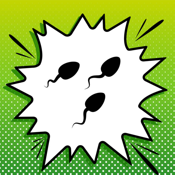 Spermien unterzeichnen eine Illustration. Schwarze Ikone auf weißem Popart Splash auf grünem Hintergrund mit weißen Flecken. - Vektor, Bild