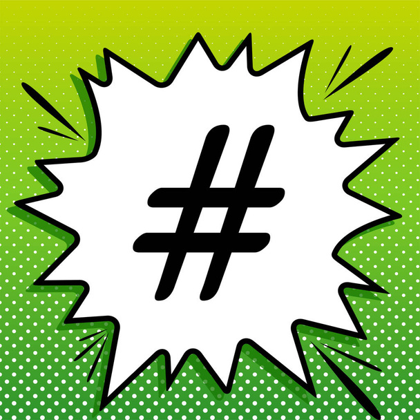 Ilustrace značky hashtag. Černá ikona na bílém popart Splash na zeleném pozadí s bílými tečkami. - Vektor, obrázek