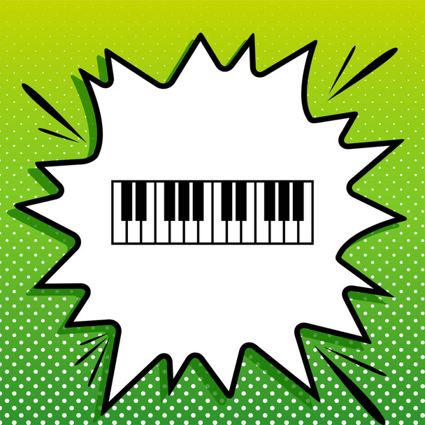 Piano Klavier teken. Zwarte icoon op witte popart Splash op groene achtergrond met witte vlekken. - Vector, afbeelding