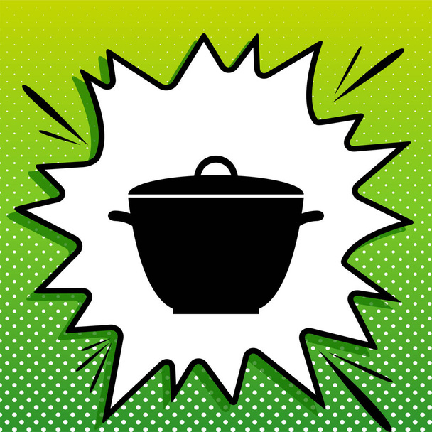 Saucepan simple sign. Black Icon on white popart Splash at green background with white spots. - Vector, Image