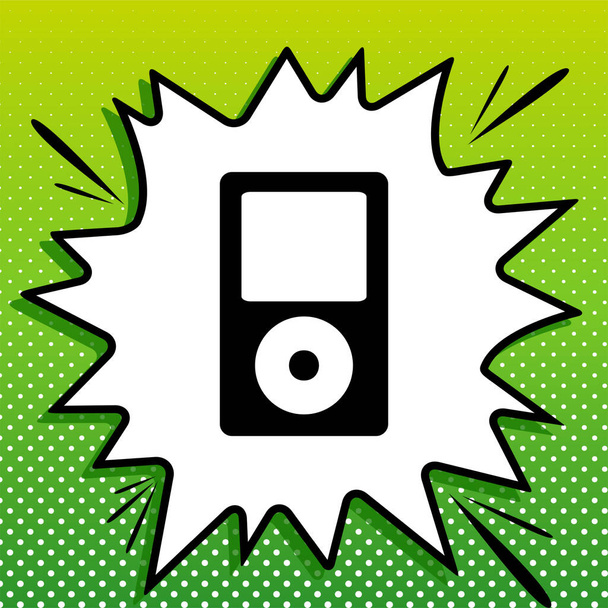 Dispositif de musique portable. Icône noire sur popart blanc Splash sur fond vert avec des taches blanches
. - Vecteur, image
