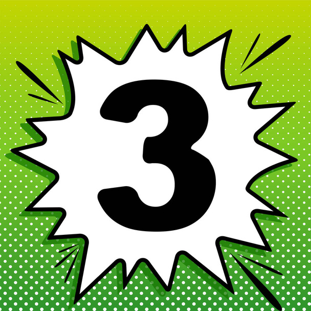 Number 3 sign design template element. Black Icon on white popart Splash at green background with white spots. - Vector, Image