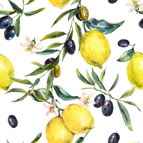 Suluboya limon ve zeytin dalları dikişsiz desen, el çizimi sarı desen. Beyaz arkaplanda klasik yaz duvar kağıdı. - Fotoğraf, Görsel