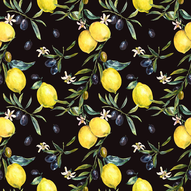 Watercolor lemon and olive branches seamless pattern, hand drawn yellow print texture. Vintage summer wallpaper on black background. - 写真・画像