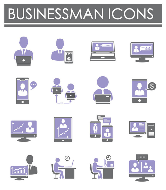 Businessman and computer related icons set on background for graphic and web design. Creative illustration concept symbol for web or mobile app. - Vektor, obrázek
