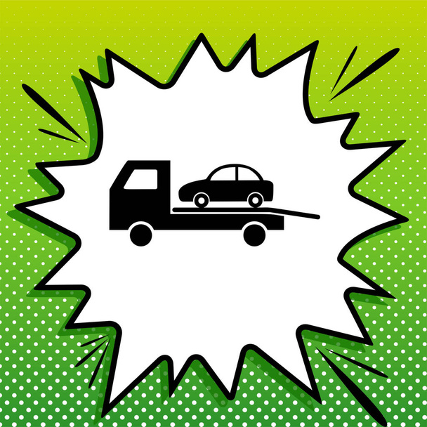 Abschleppwagen-Evakuierungsschild. Schwarze Ikone auf weißem Popart Splash auf grünem Hintergrund mit weißen Flecken. - Vektor, Bild
