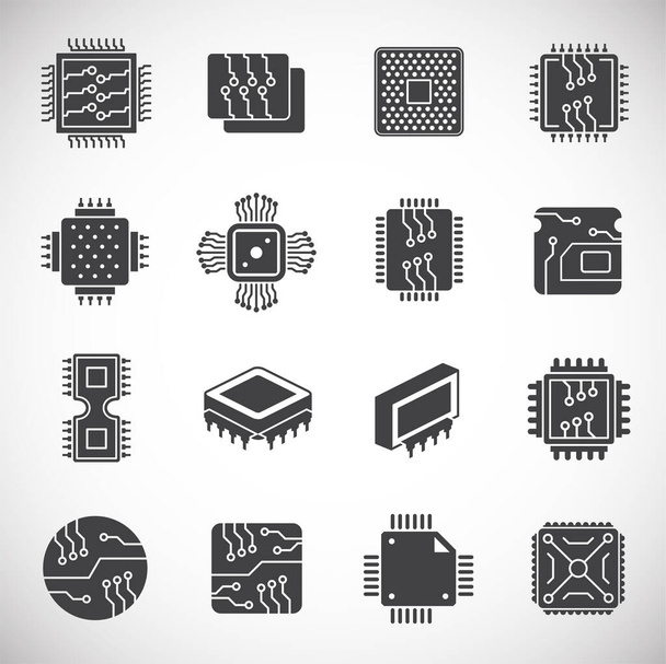 Піктограми чипів процесора встановлені на фоні графічного та веб-дизайну. Символ концепції креативної ілюстрації для веб або мобільного додатку
. - Вектор, зображення