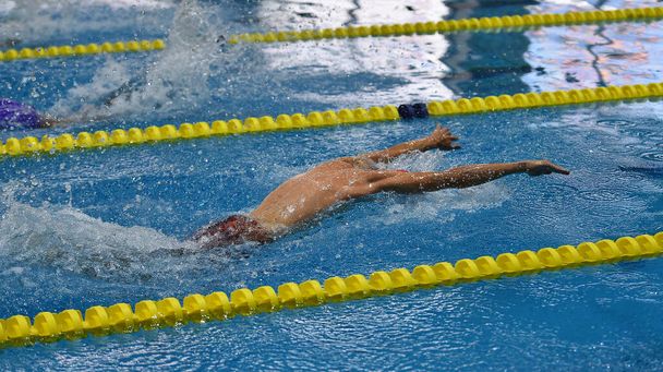nadador em uma piscina exterior, nadando em um estilo borboleta, puxando seu heqd para fora da água para respirar, e com um braço levantado acima de sua cabeça, vista lateral e de cima
 - Foto, Imagem