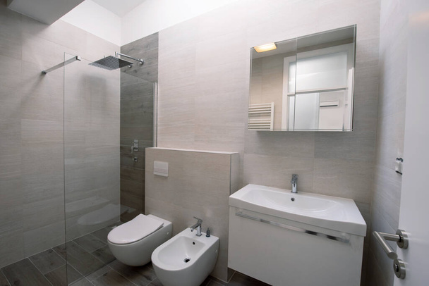 ylellinen tyylikäs kylpyhuone sisustus wc, bidee pesuallas ja tilava lasi suihkukaappi fancy suihku seinällä
 - Valokuva, kuva