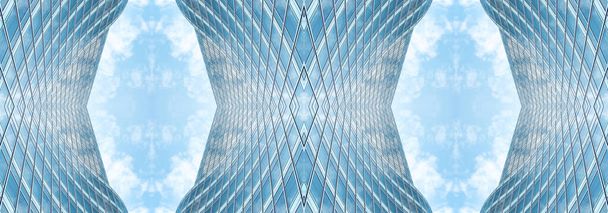 vista panorámica inferior y perspectiva a rascacielos de acero de cristal azul de gran altura, concepto de negocio de arquitectura industrial exitosa - Foto, imagen