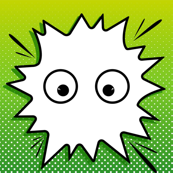 Cartoon eyes. Looking ot center. Black Icon on white popart Splash at green background with white spots. - Vector, Image
