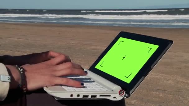 Mężczyzna korzystający z laptopa z zielonym ekranem na pięknej plaży. Możesz zastąpić zielony ekran filmem lub zdjęciem, które chcesz z efektem Keying w After Effects (sprawdź poradniki na YouTube).  - Materiał filmowy, wideo